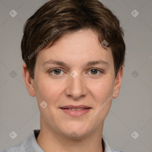 Joyful white young-adult female with short  brown hair and grey eyes