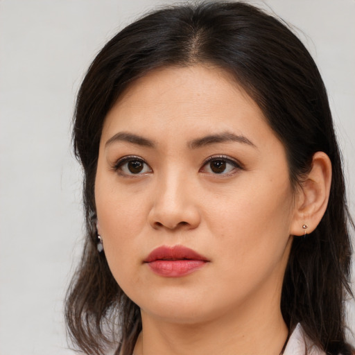 Neutral asian young-adult female with long  brown hair and brown eyes