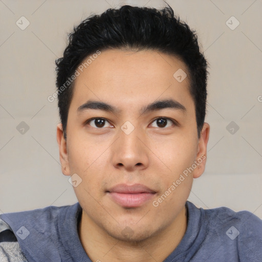 Neutral asian young-adult male with short  black hair and brown eyes