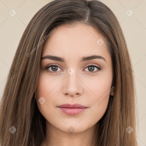 Neutral white young-adult female with long  brown hair and brown eyes