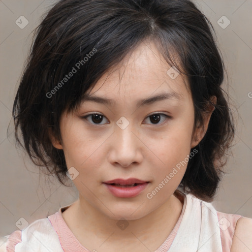 Joyful white child female with medium  brown hair and brown eyes