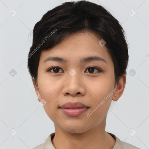 Neutral asian young-adult female with short  brown hair and brown eyes