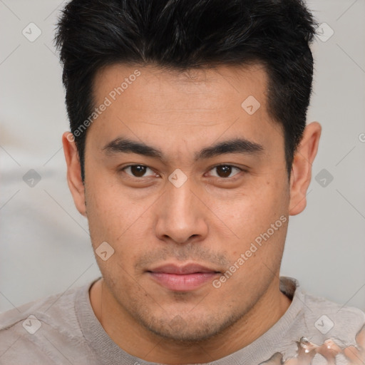 Neutral asian young-adult male with short  brown hair and brown eyes