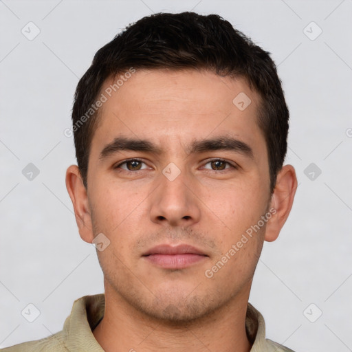 Neutral white young-adult male with short  brown hair and brown eyes