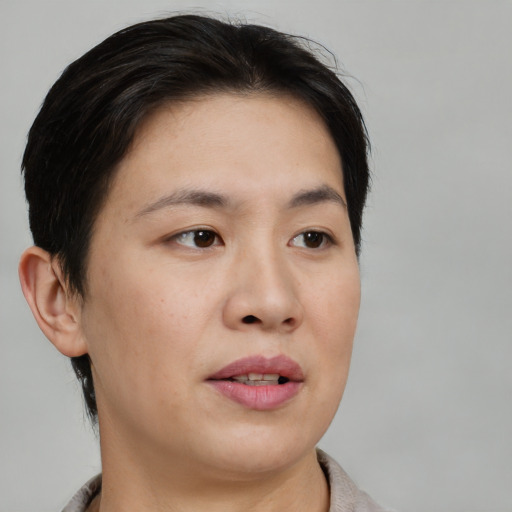 Neutral asian young-adult female with medium  brown hair and brown eyes