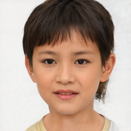 Joyful asian child female with short  brown hair and brown eyes