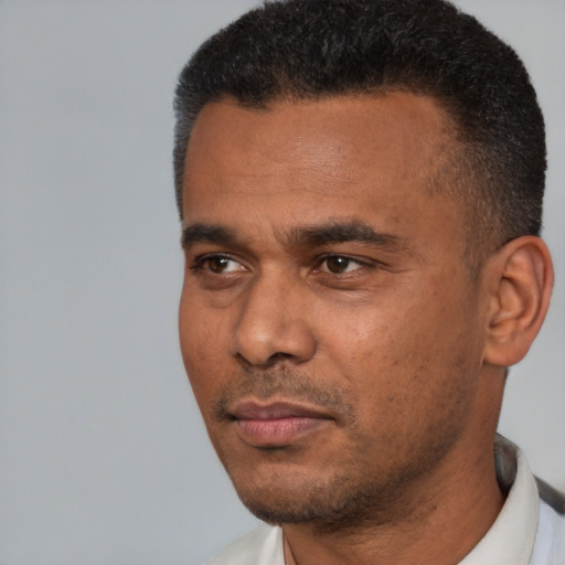 Neutral black young-adult male with short  black hair and brown eyes