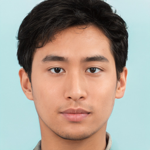 Neutral asian young-adult male with short  brown hair and brown eyes