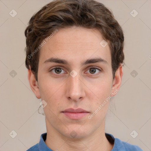 Neutral white young-adult male with short  brown hair and grey eyes