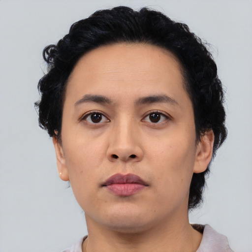Neutral asian young-adult female with short  black hair and brown eyes