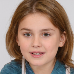 Joyful white child female with medium  brown hair and brown eyes