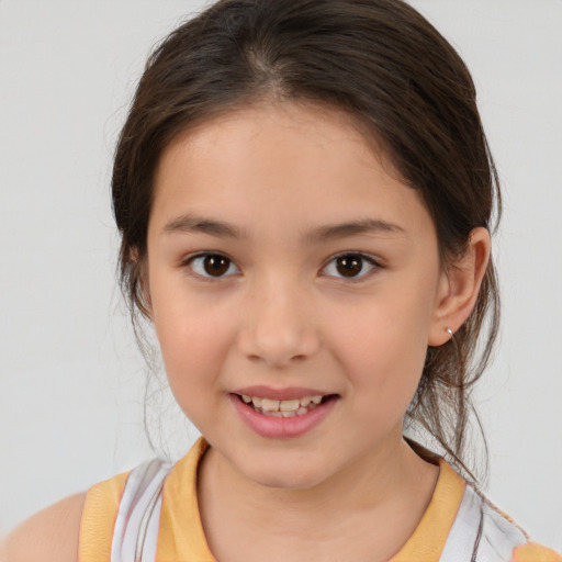 Joyful white child female with medium  brown hair and brown eyes