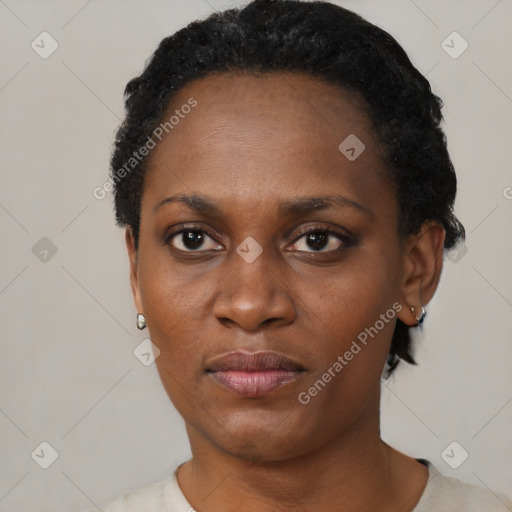 Neutral black young-adult female with short  black hair and brown eyes