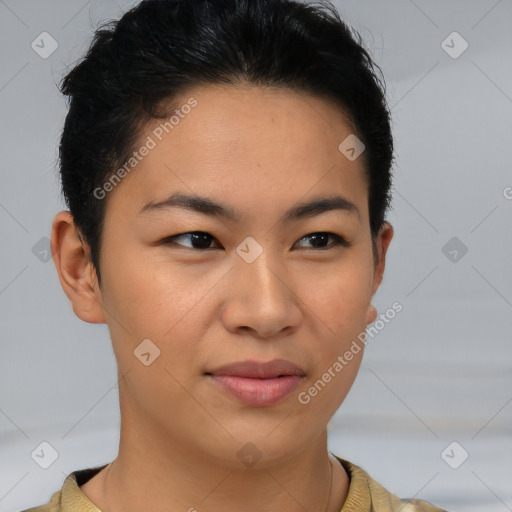 Joyful latino young-adult female with short  brown hair and brown eyes