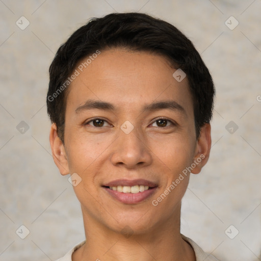 Joyful white young-adult male with short  black hair and brown eyes