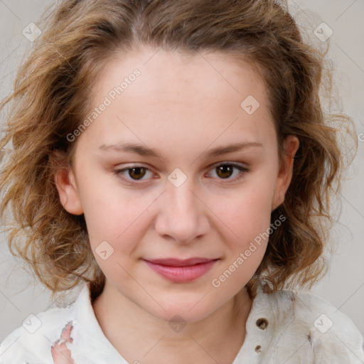 Joyful white child female with medium  brown hair and brown eyes