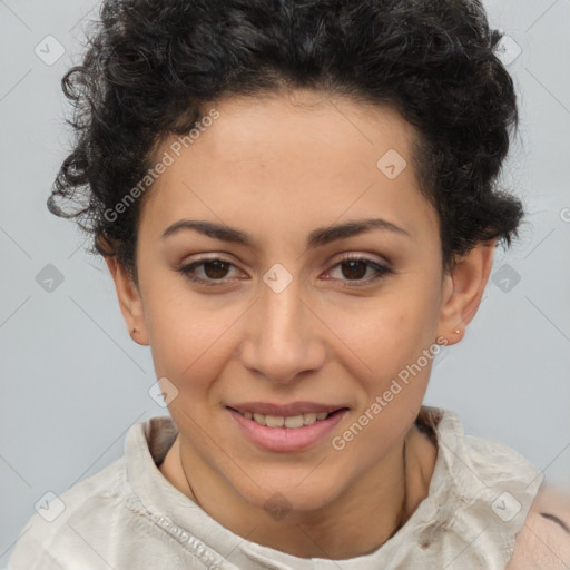 Joyful latino young-adult female with short  brown hair and brown eyes