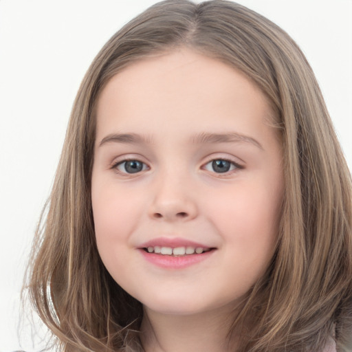 Joyful white child female with long  brown hair and brown eyes