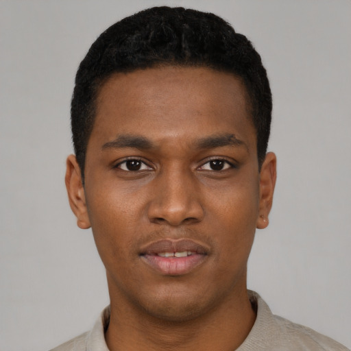 Joyful black young-adult male with short  black hair and brown eyes