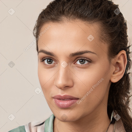 Neutral white young-adult female with medium  brown hair and brown eyes