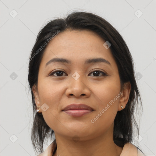 Joyful asian young-adult female with medium  brown hair and brown eyes