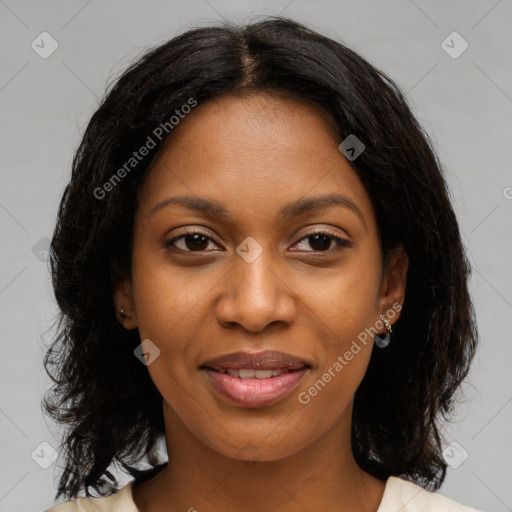 Joyful black young-adult female with medium  brown hair and brown eyes