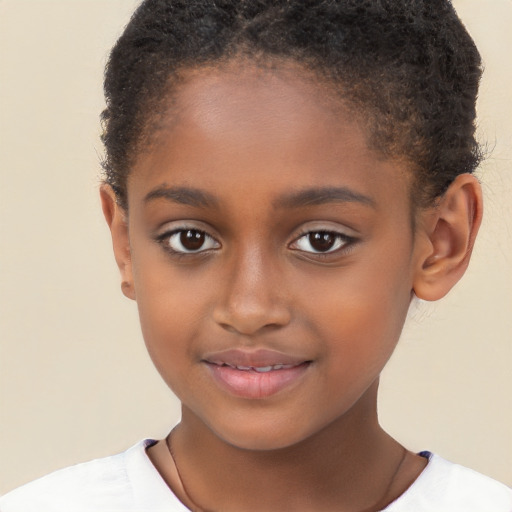 Joyful black child female with short  brown hair and brown eyes