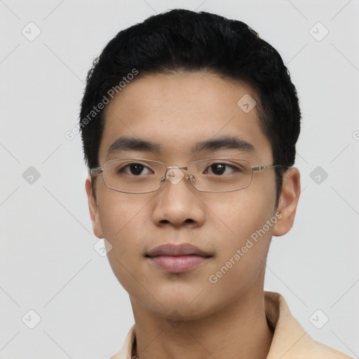 Neutral asian young-adult male with short  black hair and brown eyes