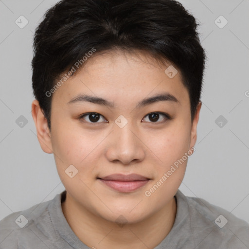 Joyful asian young-adult female with short  brown hair and brown eyes