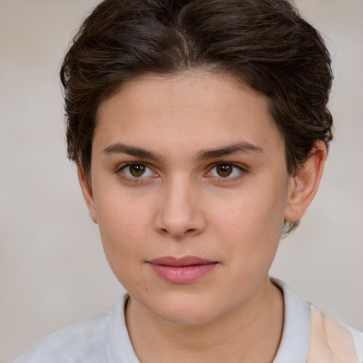 Neutral white young-adult female with short  brown hair and brown eyes