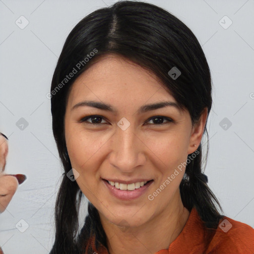 Joyful asian young-adult female with medium  black hair and brown eyes