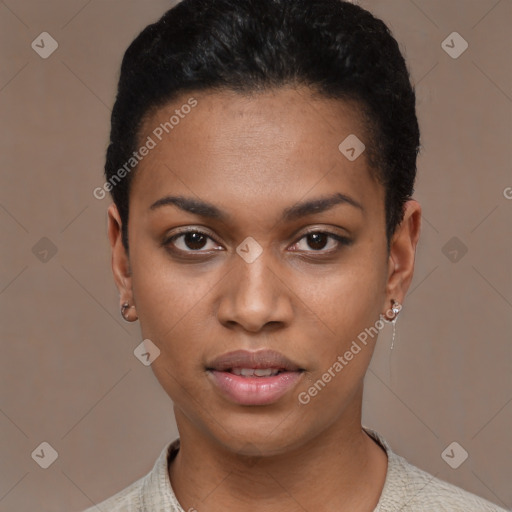 Joyful black young-adult female with short  black hair and brown eyes