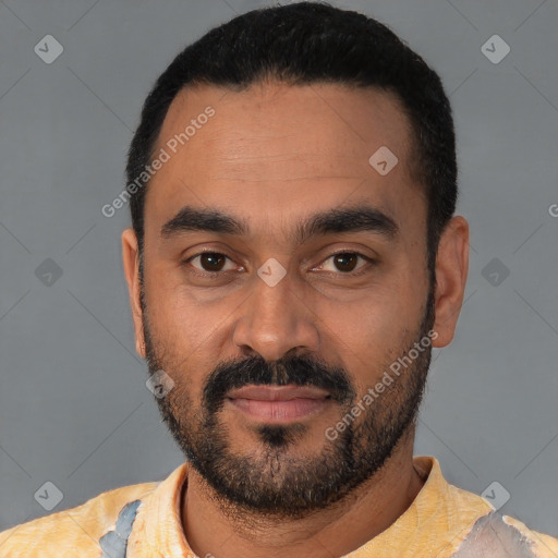 Neutral latino young-adult male with short  black hair and brown eyes