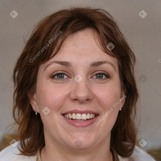 Joyful white young-adult female with medium  brown hair and blue eyes