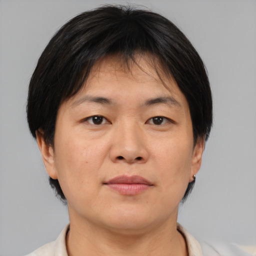Neutral asian adult female with short  brown hair and brown eyes