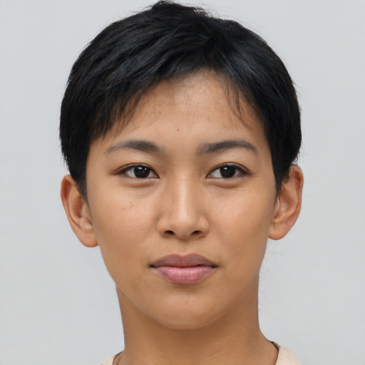 Neutral asian young-adult female with short  black hair and brown eyes