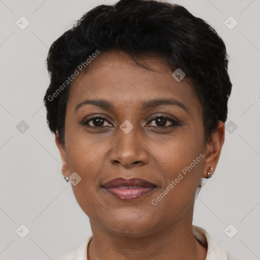 Joyful black adult female with short  brown hair and brown eyes