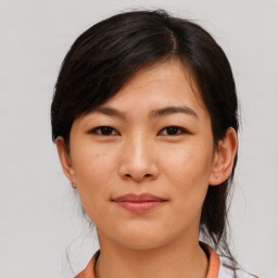 Neutral asian young-adult female with medium  brown hair and brown eyes