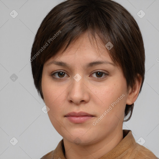 Neutral white young-adult female with medium  brown hair and brown eyes