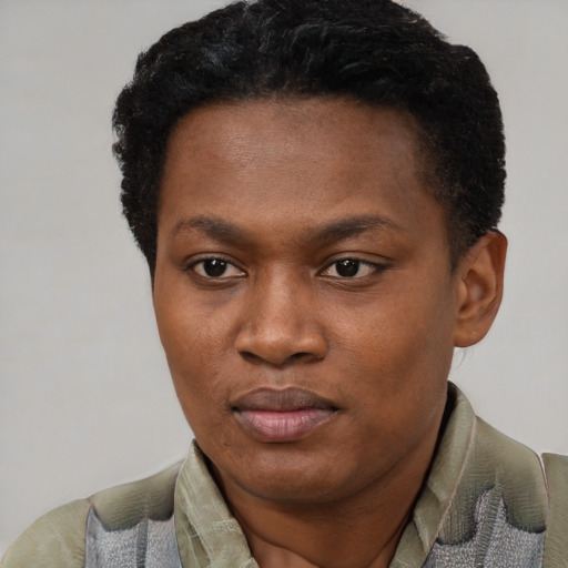 Neutral black young-adult female with short  black hair and brown eyes