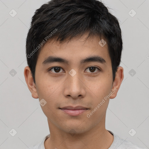 Neutral asian young-adult male with short  black hair and brown eyes