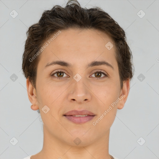 Joyful white young-adult female with short  brown hair and brown eyes