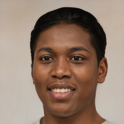 Joyful black young-adult female with short  black hair and brown eyes