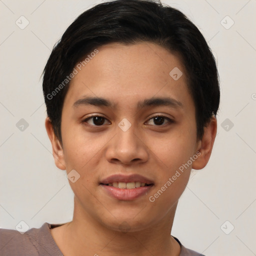 Joyful latino young-adult female with short  brown hair and brown eyes