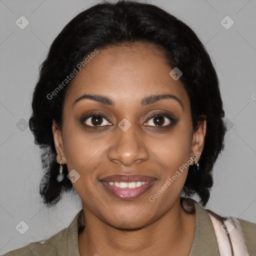 Joyful black young-adult female with medium  black hair and brown eyes