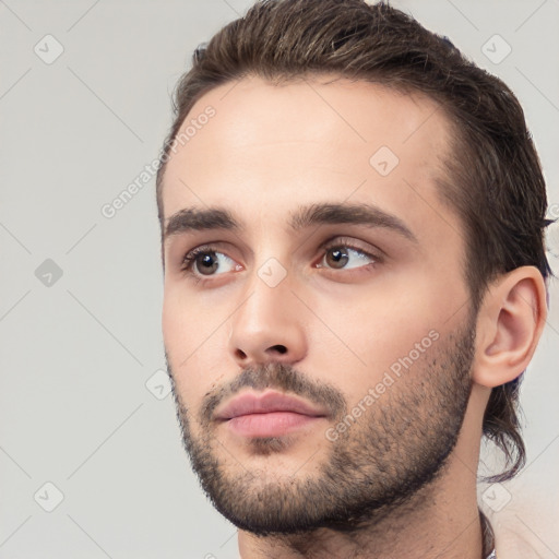 Neutral white young-adult male with short  brown hair and brown eyes