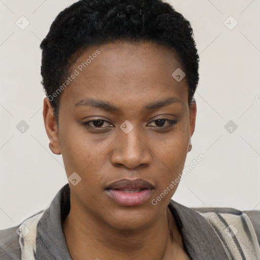 Neutral black young-adult female with short  black hair and brown eyes