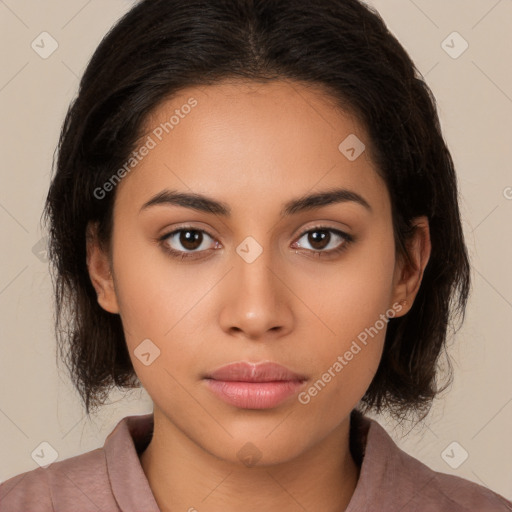 Neutral latino young-adult female with medium  brown hair and brown eyes