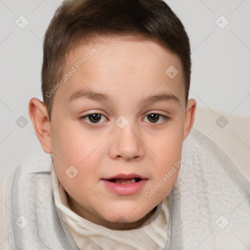 Joyful white child female with short  brown hair and brown eyes