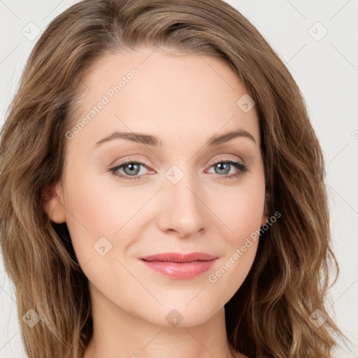 Joyful white young-adult female with long  brown hair and green eyes